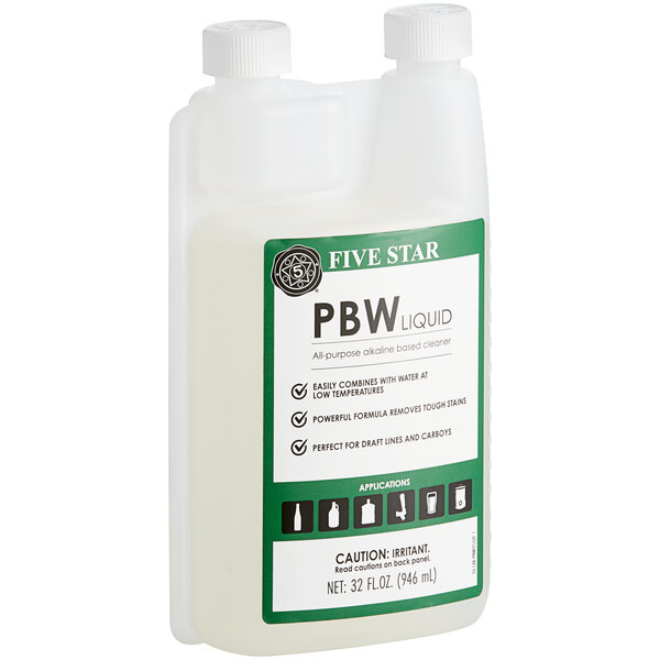 A white bottle of Five Star PBW Brewery Cleaning Liquid with a green label.