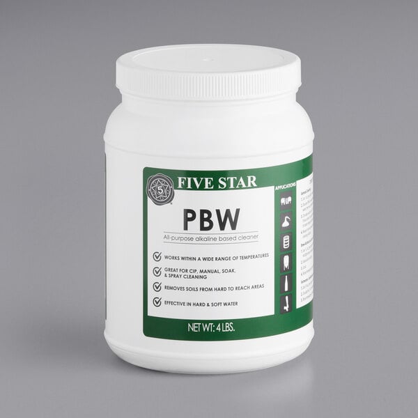 A white container of Five Star Chemicals PBW Brewery Cleaning Powder with a green label.