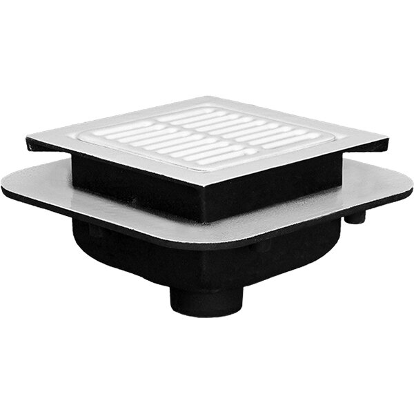 A square black Josam cast iron floor sink with a white square grate.