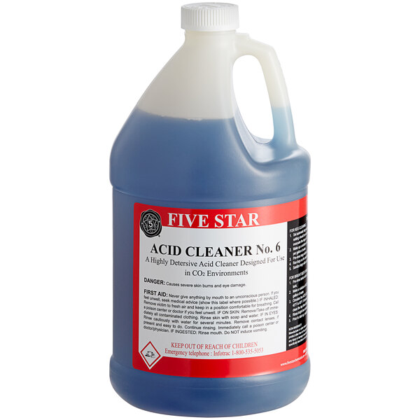A plastic jug of Five Star Brewery Acid Cleaner with a blue liquid inside.