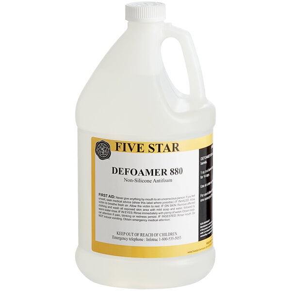 A white jug of Five Star Chemicals Defoamer 880 Brewery Non-Silicone Antifoam with a yellow and black label.