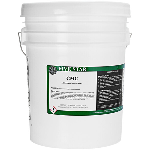 A white bucket of Five Star Chemicals CMC brewery cleaner with a green label.