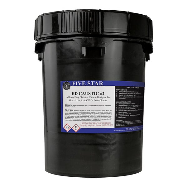 A black Five Star Chemicals bucket of Non-Chlorinated Caustic Brewery Cleaning Powder with a label.