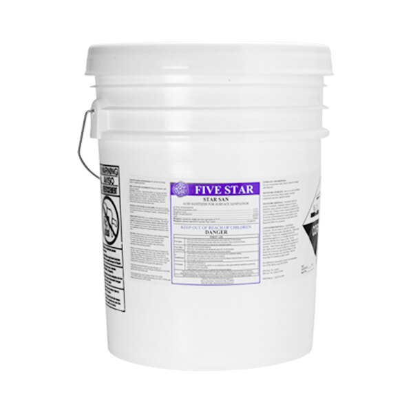 A white bucket with a label reading "Five Star Chemicals 26-STS-FS05 Star San High-Foaming Brewery Sanitizer"