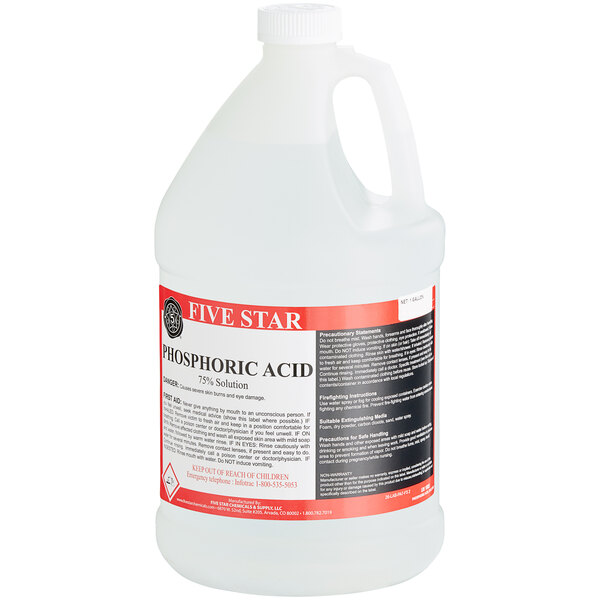 A white jug of Five Star phosphoric acid with a red label.