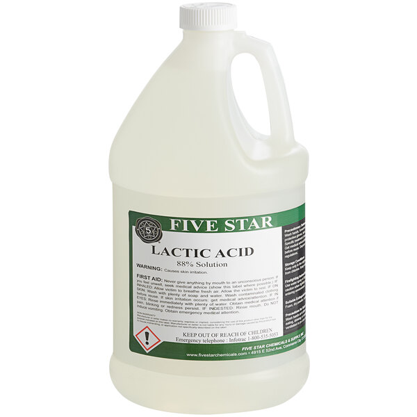A white Five Star Chemicals bottle of lactic acid.