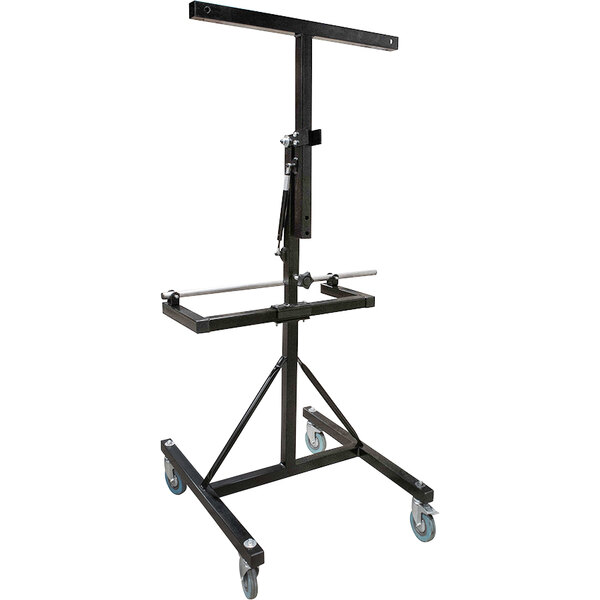 A black metal Lavex mobile floor stand with blue wheels.