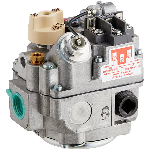 A Robertshaw BMVR gas safety valve for natural gas with a green and red valve and two side valves.