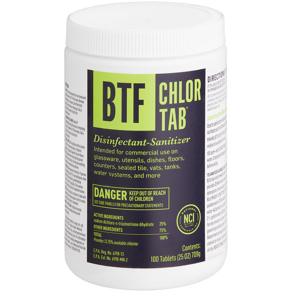 A white bottle of National Chemicals Inc. BTF Chlor-Tab Bar Glass Sanitizer Tablets with black and green text.
