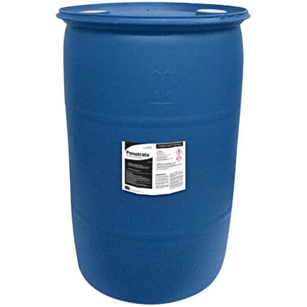 A blue National Chemicals Inc. 55 gallon container with a white and black label.