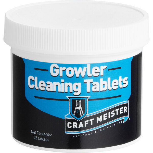 A white container of National Chemicals Inc. Craft Meister Growler Cleaning Tablets with a blue label on a counter.