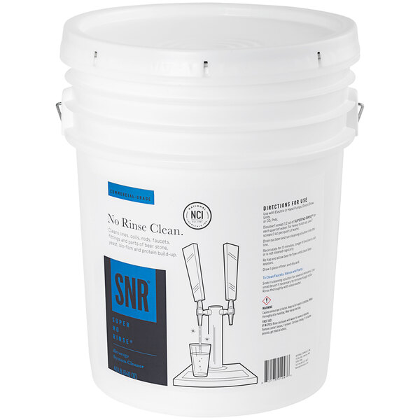 A white bucket with a lid labeled "National Chemicals Inc. 32013 Super No-Rinse Beverage Line System Cleaner"