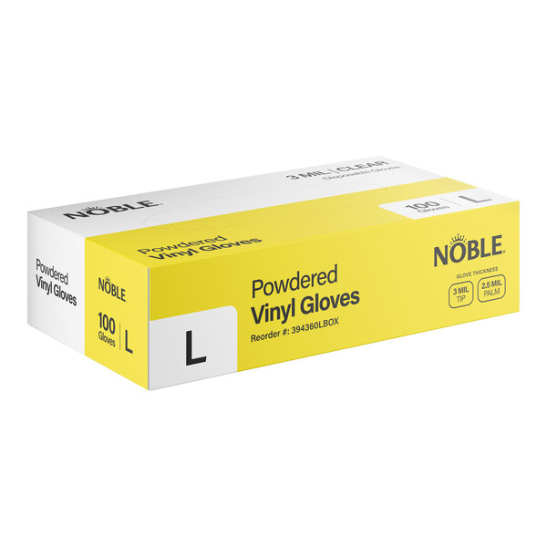 A box of Noble brand large powdered vinyl disposable gloves for foodservice use.