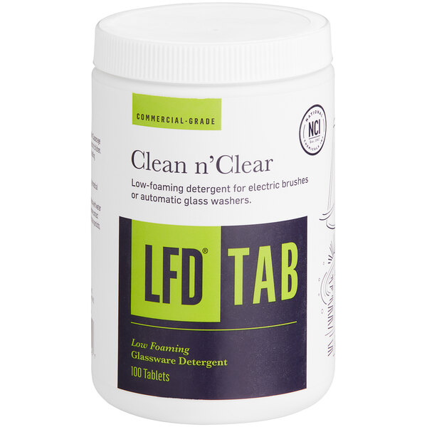 A white container of National Chemicals Inc. LFD Low Foam Bar Glass Detergent Tablets with a white label.