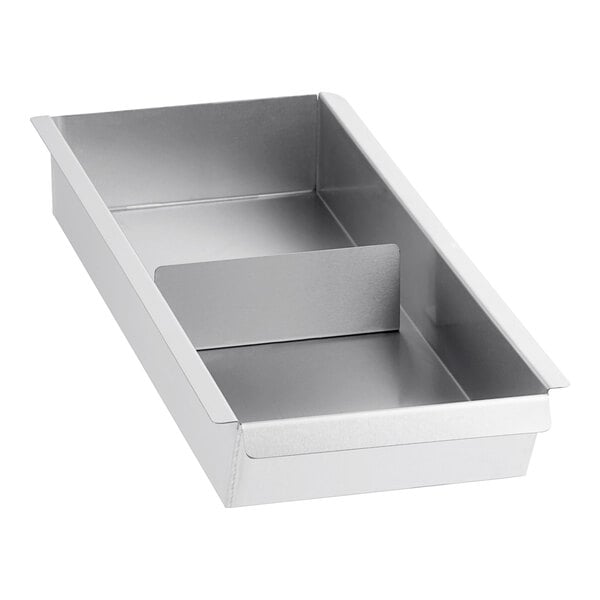 A silver rectangular stainless steel grease drawer with two compartments.