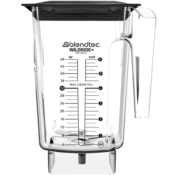 A clear plastic Blendtec blender jar with a black handle and black lid.