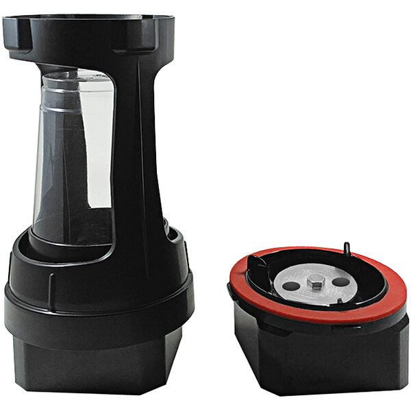 A black and red Blendtec frothing micronizer container with a clear lid.