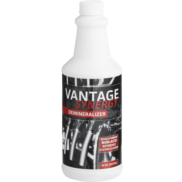 A white bottle of National Chemicals Inc. Vantage Synergy Demineralizer Beverage Line System Cleaner with a white cap.