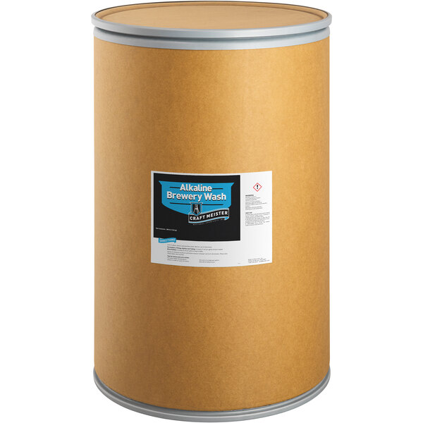 A large round brown National Chemicals Inc. Craft Meister Alkaline Brewery Wash container with a white label.