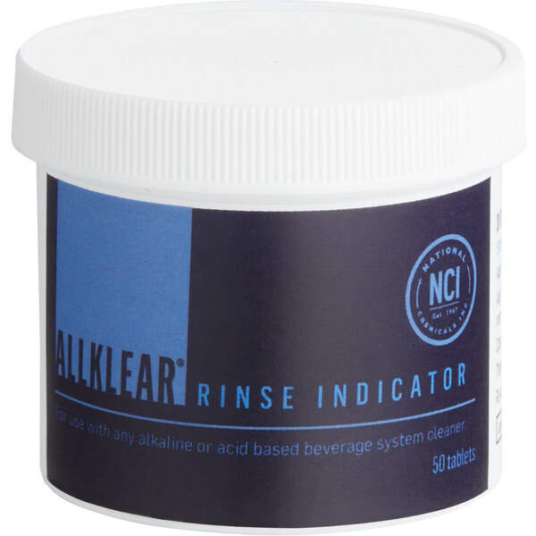 A white container of National Chemicals Inc. AllKlear dye rinse indicator tablets with a blue label.