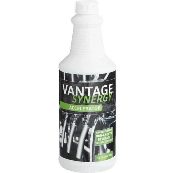 A white bottle of National Chemicals Inc. Vantage Synergy Accelerator Enzyme Based Beverage Line System Cleaner with a black label.
