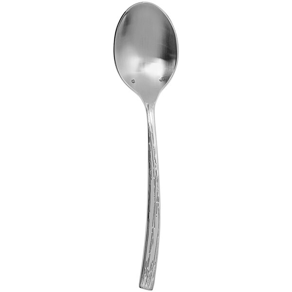 A silver dessert spoon with a long handle.
