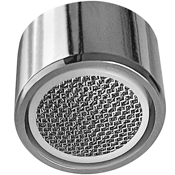 A close-up of a chrome-plated metal mesh faucet aerator.