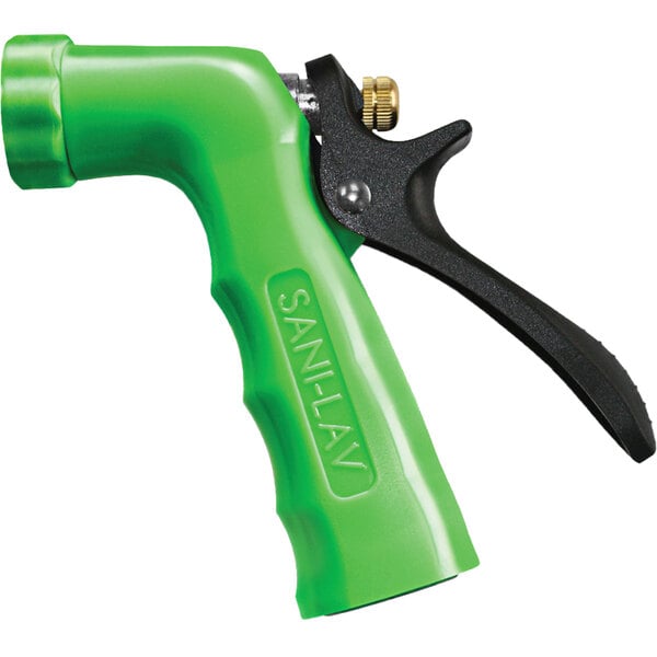 A green Sani-Lav spray nozzle with a black plastic handle.