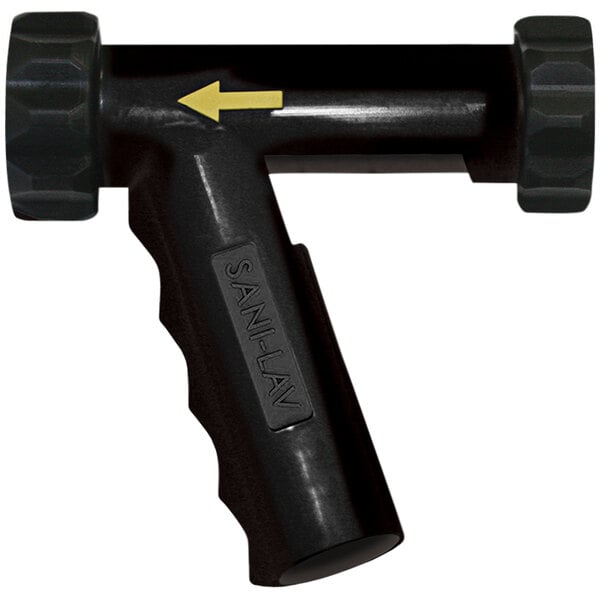 A black rubber spray nozzle cover with a yellow arrow pointing to the side.
