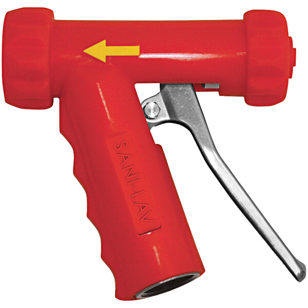 A red Sani-Lav stainless steel spray nozzle with a stainless steel handle.