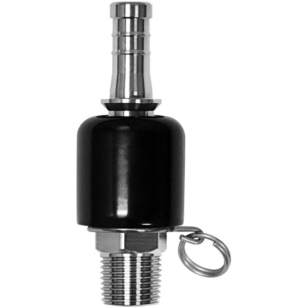 A stainless steel Sani-Lav swivel ball adapter with black and silver metal connections.