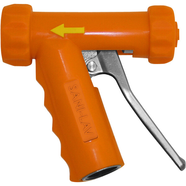 An orange Sani-Lav aluminum spray nozzle with stainless steel accents.