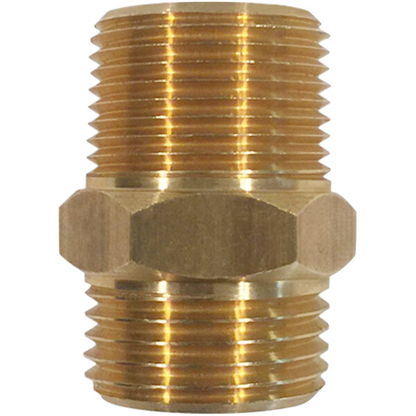 A close-up of a brass threaded hexagonal hose adapter.