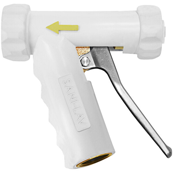 A white Sani-Lav brass spray nozzle with a stainless steel handle.