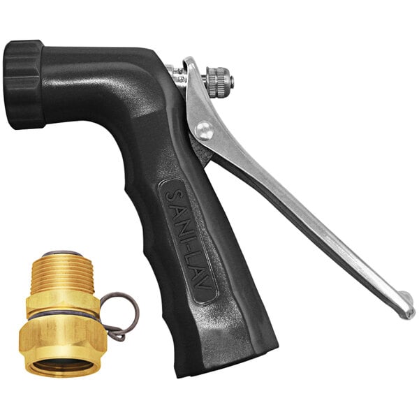 A black and silver Sani-Lav industrial spray nozzle with a stainless steel handle.