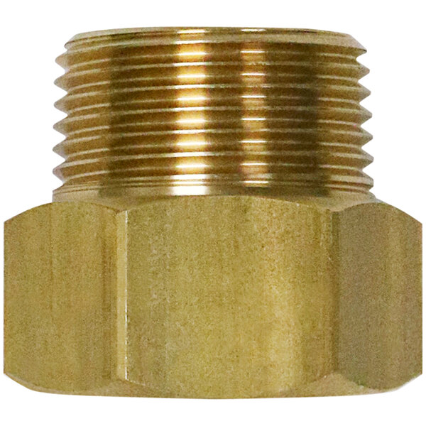 A close-up of a brass threaded male fitting.
