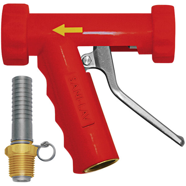 A close-up of a Sani-Lav large red industrial spray nozzle with a stainless steel handle and swivel hose adapter.