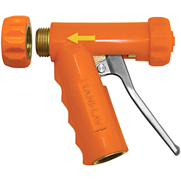An orange Sani-Lav brass spray nozzle with a stainless steel handle and threaded tip.
