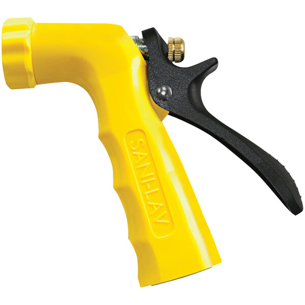A yellow Sani-Lav spray nozzle with a black handle.