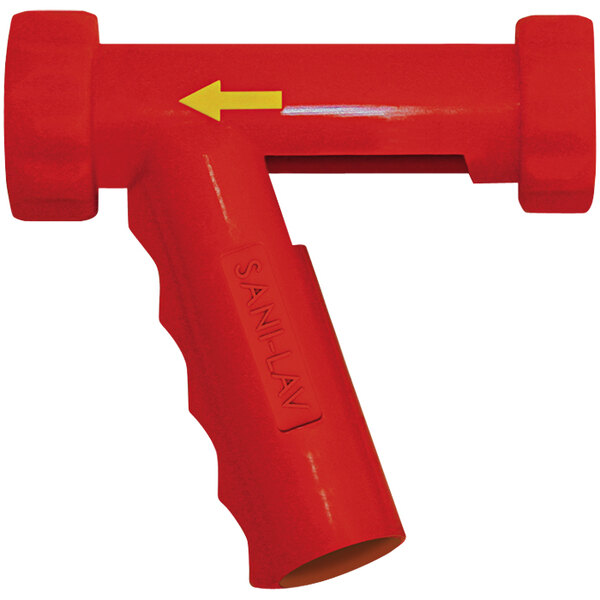 A red plastic tube with a yellow arrow pointing to the right.