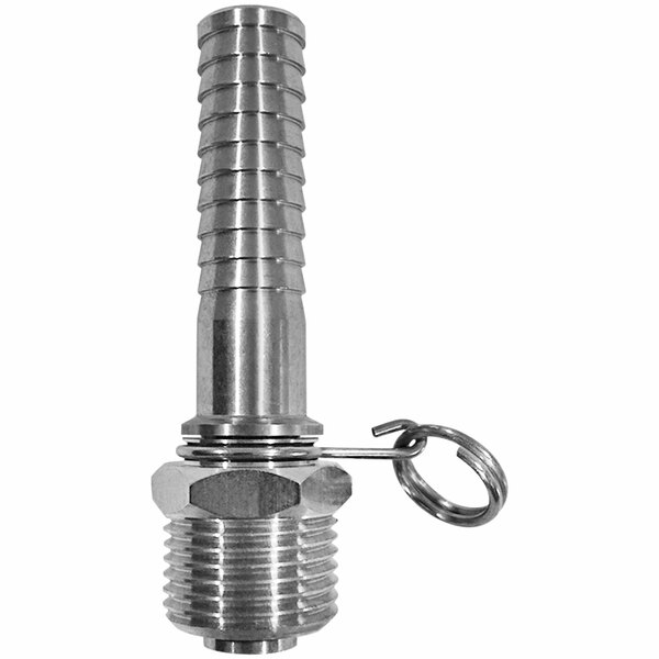 A Sani-Lav stainless steel swivel hose adapter with 5/8" hose barb inlet and 3/4" MGHT outlet connections.