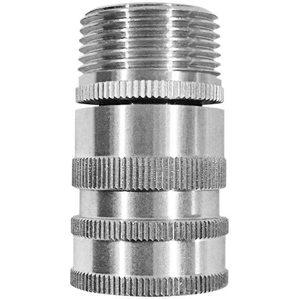 A close-up of a stainless steel threaded hose adapter with 3/4" connections.