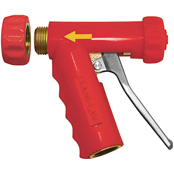 A red and silver Sani-Lav brass spray nozzle with a stainless steel handle.