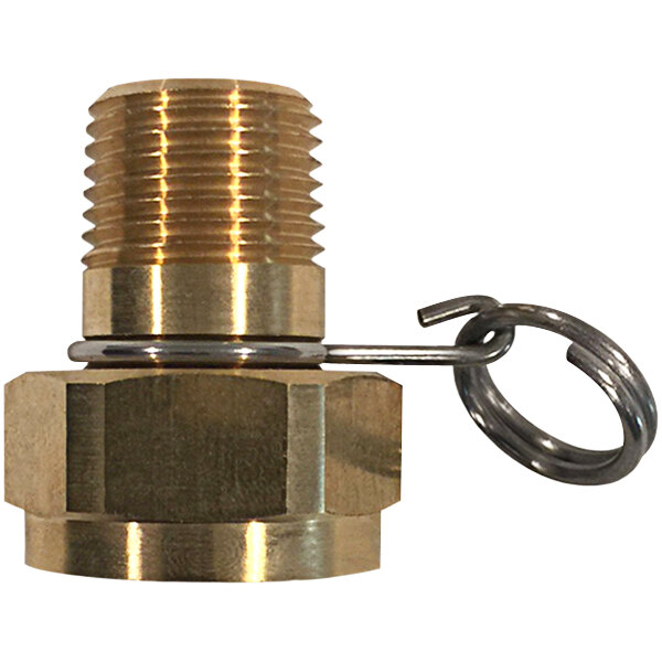 A close-up of a brass threaded male fitting with a brass nut.