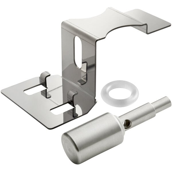 A metal bracket with a metal lever and a metal pipe.
