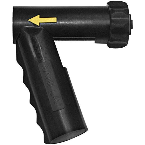 A black plastic Sani-Lav spray nozzle cover with a yellow arrow pointing to the side.