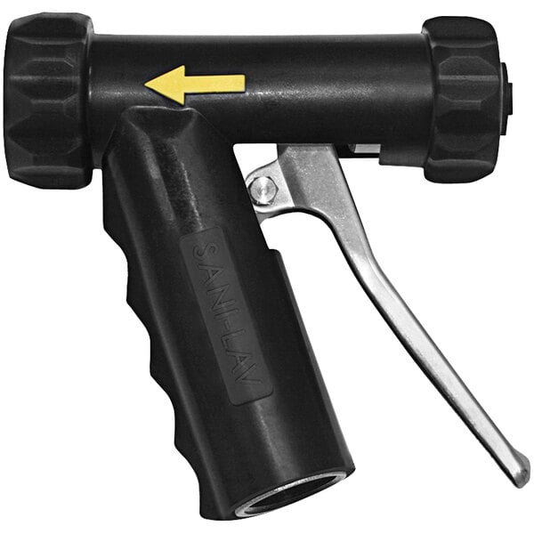 A Sani-Lav black and silver stainless steel spray nozzle with a yellow arrow pointing to the side.