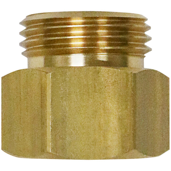 A close-up of a brass threaded hose fitting.