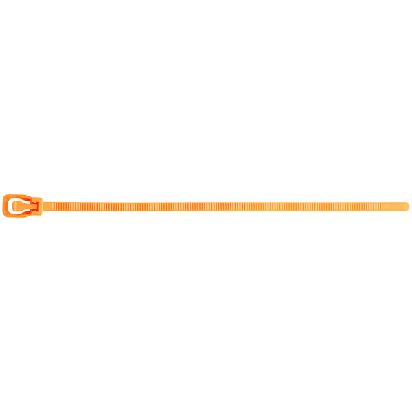 An orange plastic strap with a metal hook.