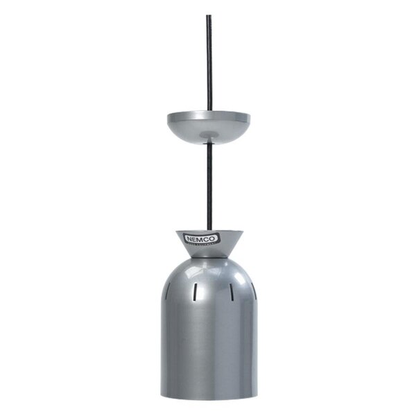 A silver metal Nemco ceiling mount infrared bulb food warmer.